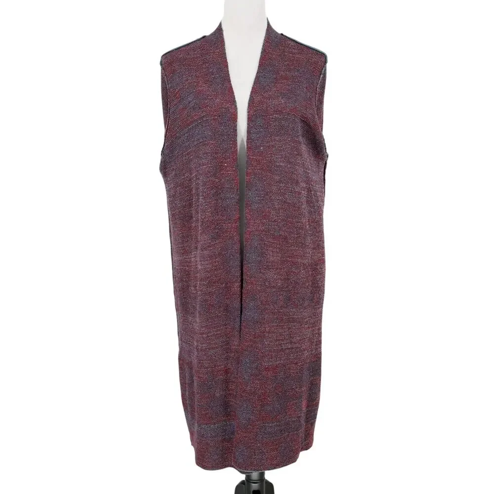 Chicos Sweater 2 Womens Large Green Burgundy Floral Long Cardigan Duster Open